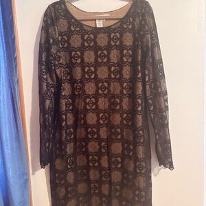 Studio M Cream and Brown Sheath Dress Long Sleeve Scoop Neck